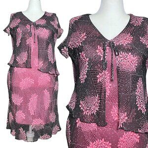 Vintage Y2K Black Pink Floral Midi Dress & Shawl. Petite L/XL. Fairy Whimsigoth